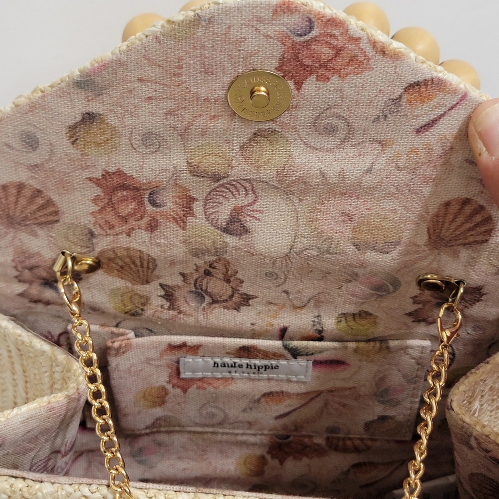 Haute Hippie Woven Straw Gold Sea Shell Clutch Bag Wood Bead Handle Crossbody - Picture 4 of 11